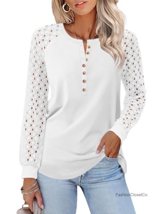 Tops - Women's Lace Henley Long Sleeve T-Shirt Casual Blouse Top